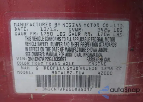 2016 Nissan Versa 1.6 S/1.6 S+/1.6 Sl/1.6 Sv из США, поврежденный, VIN 3N1CN7AP2GL835097